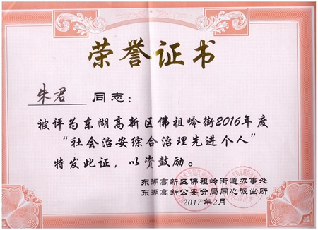 新特光电朱君被评为“社会治安综合治理先进个人”荣誉称号